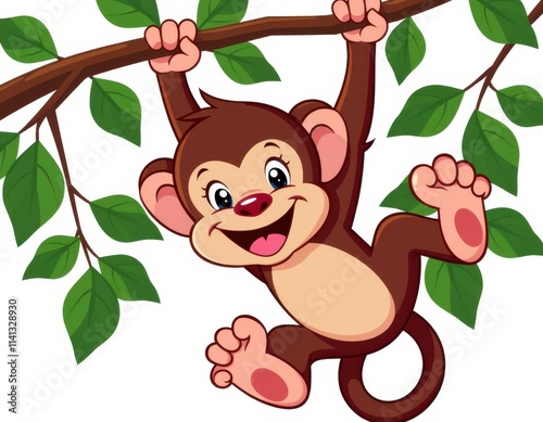 A playful cartoon monkey hangs from a sturdy, brown tree branch, its bright smile directed to the left as it surveys its lush green surroundings amidst a crisp white backdrop photo