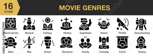 Movie Genres solid icon set. Includes entertainment, movie, cinema, film, comedy, and More. Solid icons vector collection.