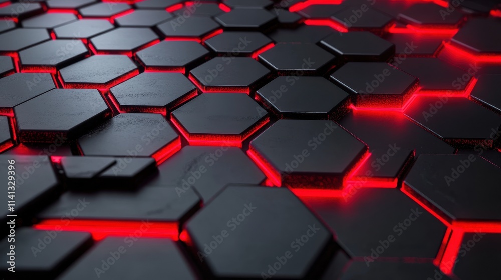 Futuristic black hexagonal tiles illuminated with vibrant red lights, creating a sleek and modern ambiance. Futuristic black hexagonal tiles illuminated with vibrant red lights, creating a sleek and modern ambiance.