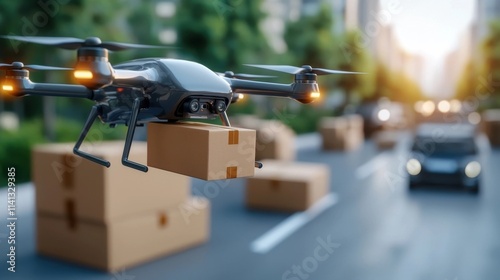 Drone flying and delivering a parcel or package on a busy city street with cars and buildings in the background representing the concept of advanced logistics e commerce