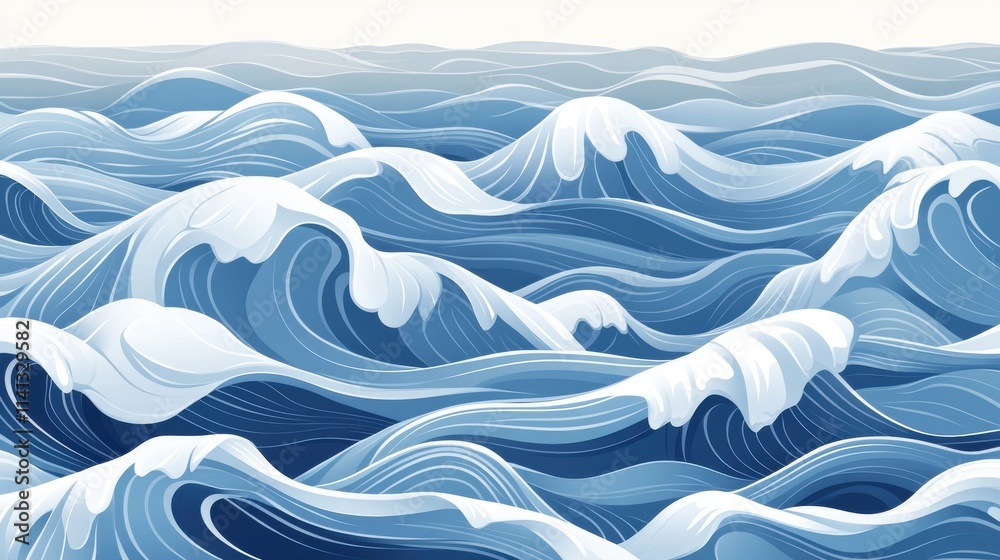A serene depiction of rolling ocean waves in shades of blue and white. A serene depiction of rolling ocean waves in shades of blue and white.