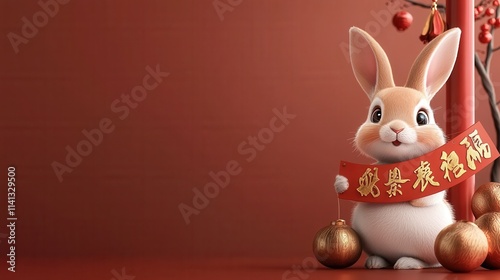 Festive cartoon rabbit celebrating chinese new year in cozy setting digital artwork whimsical atmosphere colorful display photo