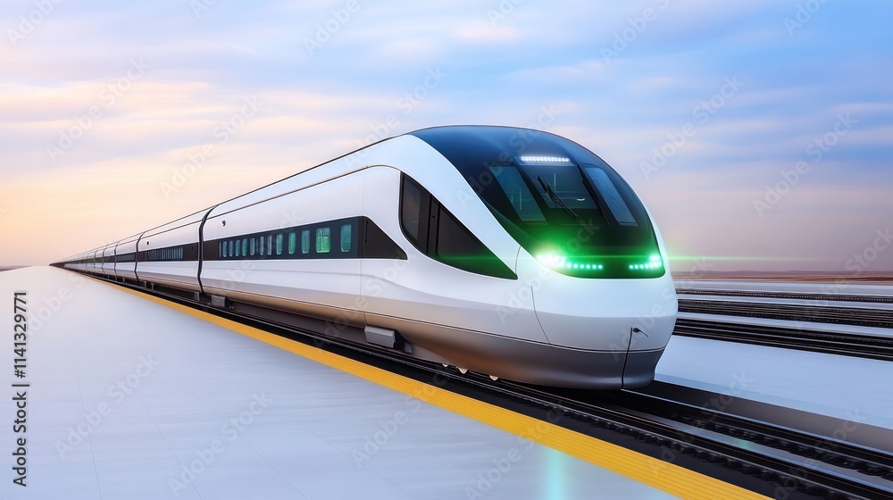 Naklejka premium Modern high-speed train at a platform during sunset.