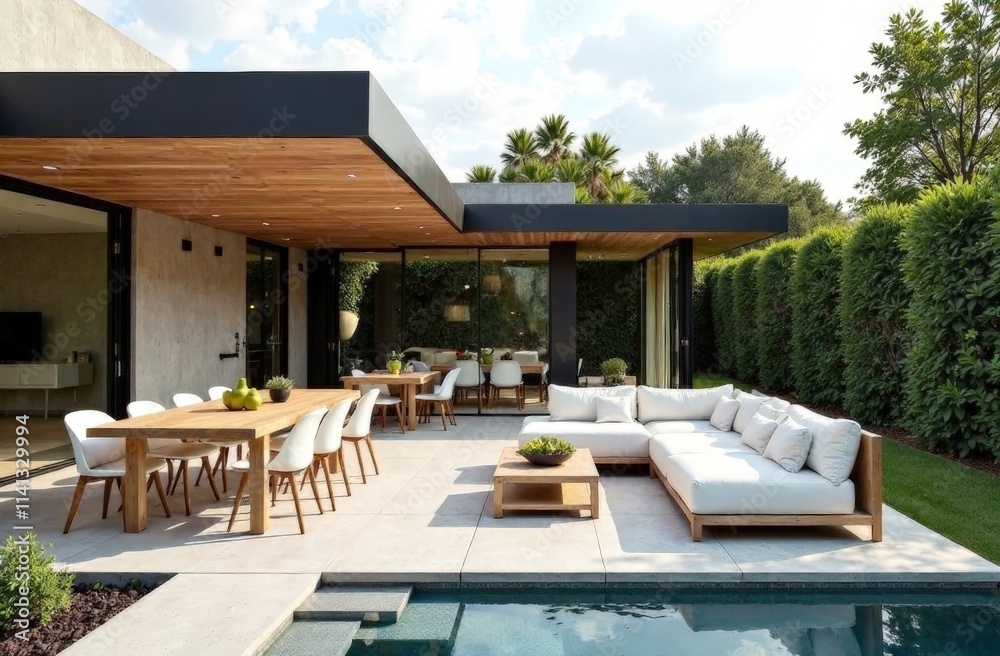 Fototapeta premium Chic minimalist patio with modern furniture and clean lines