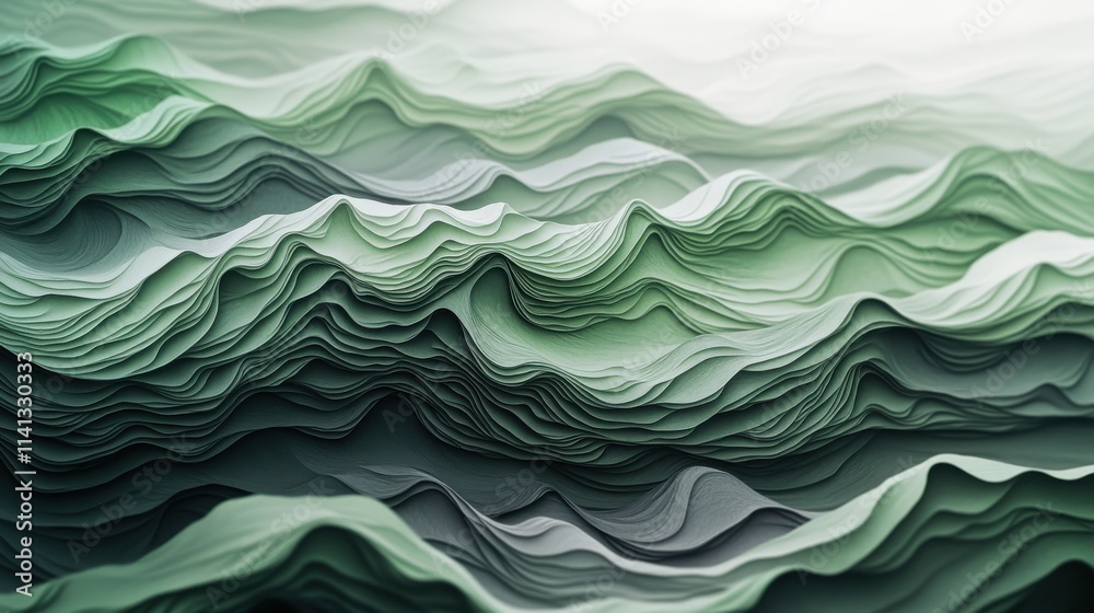 An abstract wave-like pattern of layered green paper creates a serene and calming visual effect. An abstract wave-like pattern of layered green paper creates a serene and calming visual effect.