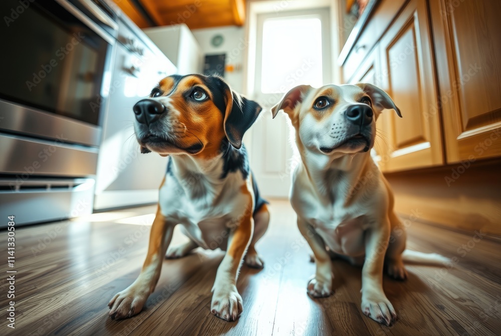 Two adorable dogs sit patiently on a wooden floor in a sunlit kitchen, their eyes filled with hope as they wait for someone to share delicious food Two adorable dogs sit patiently on a wooden floor in a sunlit kitchen, their eyes filled with hope as they wait for someone to share delicious food