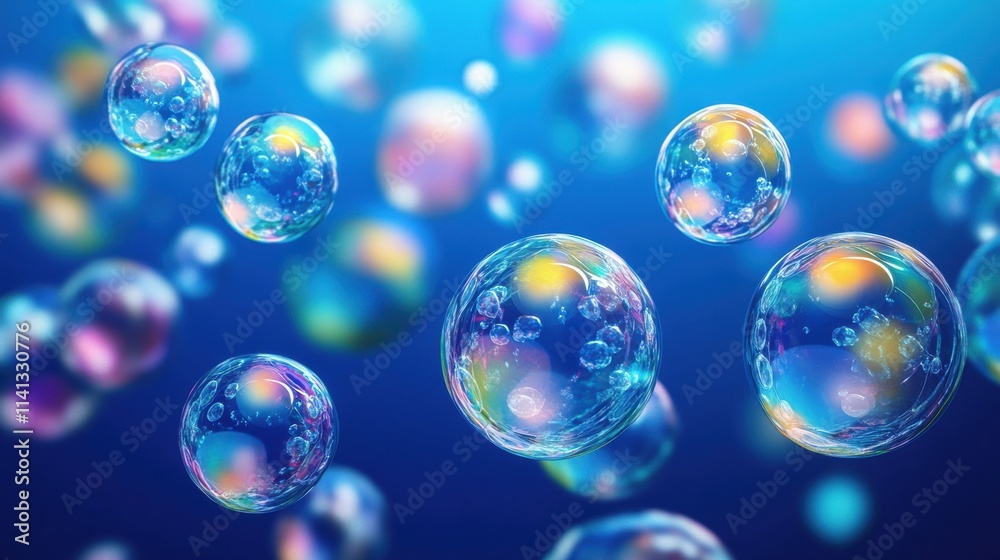 Colorful soap bubbles floating gracefully in a serene blue background. Colorful soap bubbles floating gracefully in a serene blue background.