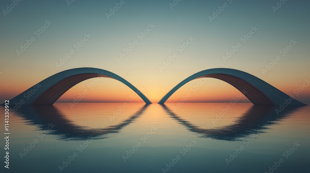 A serene sunset scene featuring two overlapping arch structures reflected in calm waters, creating a tranquil atmosphere. A serene sunset scene featuring two overlapping arch structures reflected in calm waters, creating a tranquil atmosphere.