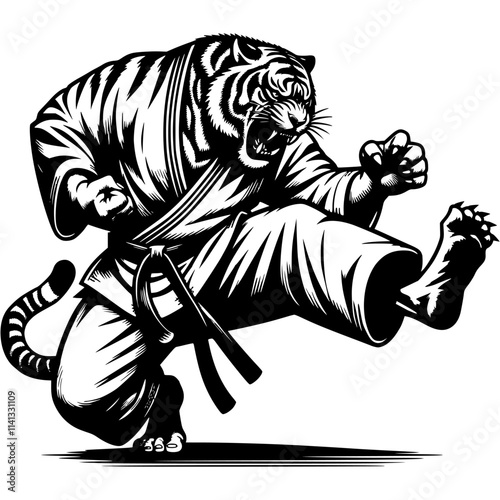 Karate tiger athlete throws straight kick in attacking position in monochrome. Wildcat sportsman animal in human form roars. Tattoo minimalistic vector in black ink drawing on transparent background