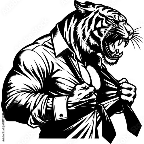 Boss tiger rips shirt at chest in rage in monochrome. Wild wildcat animal in human form roars in madness. Tattoo minimalistic vector in black ink drawing on transparent background