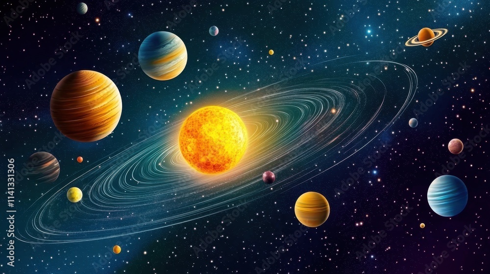 Fototapeta premium Stunning illustration of a colorful solar system featuring nine planets.