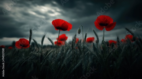 Red Poppies in a Field of Wheat Under a Stormy Sky
