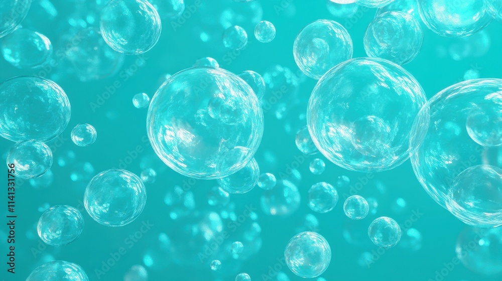 Translucent bubbles swimming through a serene turquoise background, creating a calming and refreshing atmosphere. Translucent bubbles swimming through a serene turquoise background, creating a calming and refreshing atmosphere.