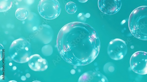 Translucent bubbles floating gracefully in a vibrant turquoise background, creating a serene and whimsical atmosphere.