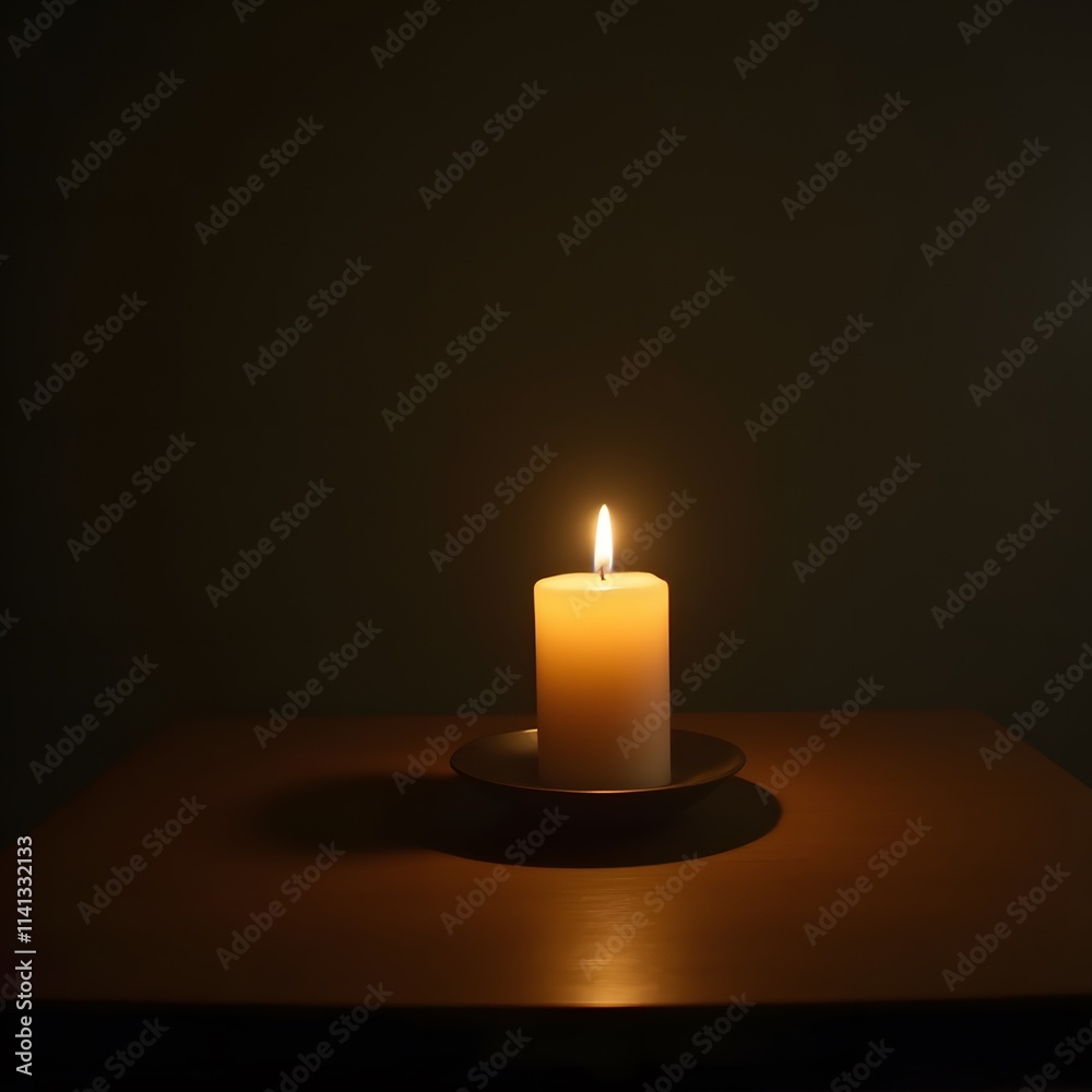Single Burning Candle on Table in Dark Room Single Burning Candle on Table in Dark Room