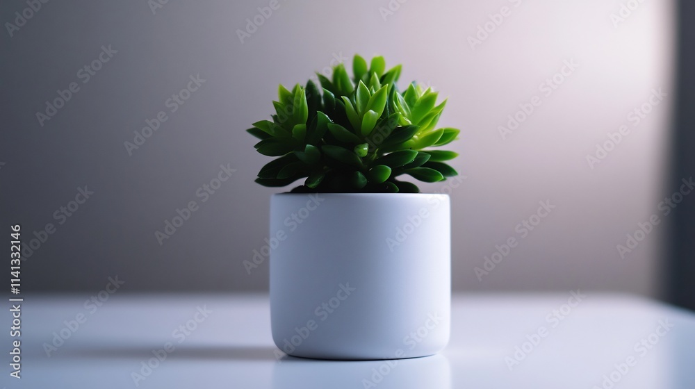 A small, vibrant succulent plant in a simple white pot sits on a white surface against a muted gray background. A small, vibrant succulent plant in a simple white pot sits on a white surface against a muted gray background.