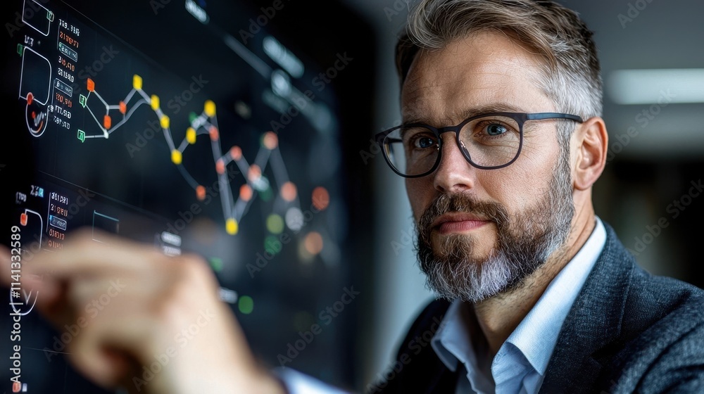 Focused businessman in glasses and suit closely examining graphs and charts on computer screen engaged in financial analysis and data driven decision making in the office Focused businessman in glasses and suit closely examining graphs and charts on computer screen engaged in financial analysis and data driven decision making in the office