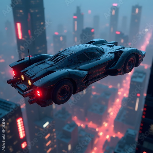 Futuristic Flying Car Above Cyberpunk Cityscape