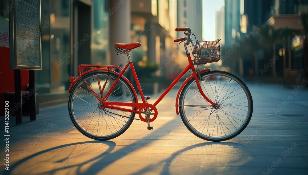 Red Bicycle Parked on a City Sidewalk Red Bicycle Parked on a City Sidewalk