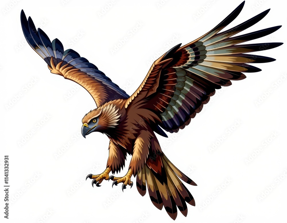 Fototapeta premium A majestic golden eagle soars through the sky, its mottled brown, black, and tan plumage glistening in the light, as it spreads its expansive wings to the right