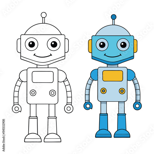 A fun and adorable coloring page featuring a cute robot with big eyes and a friendly smile, surrounded by simple shapes and fun details to color and bring to life!