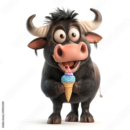 Adorable 3D buffalo character with ice cream on white background, cartoon style, bright colors, standing pose, high-resolution, smiling face