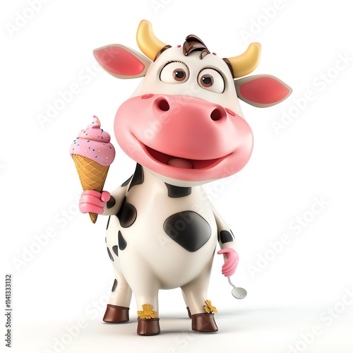 Adorable 3D cow character with ice cream on white background, cartoon style, bright colors, standing pose, high-resolution, smiling face