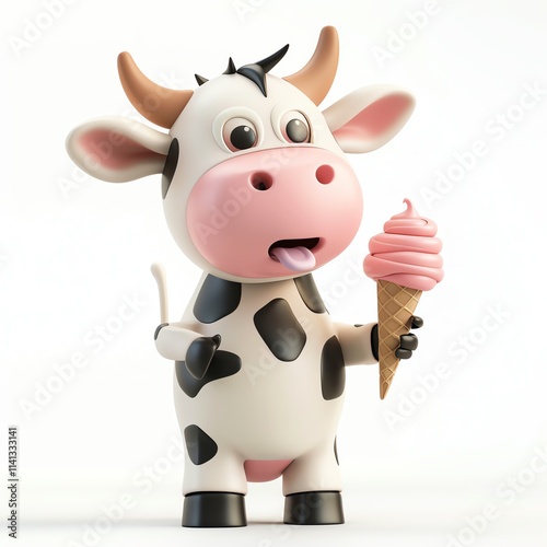 Adorable 3D cow character with ice cream on white background, cartoon style, bright colors, standing pose, high-resolution, smiling face