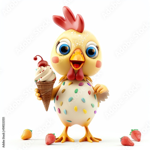 Adorable 3D chicken character with ice cream on white background, cartoon style, bright colors, standing pose, high-resolution, smiling face