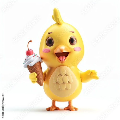 Adorable 3D chicken character with ice cream on white background, cartoon style, bright colors, standing pose, high-resolution, smiling face