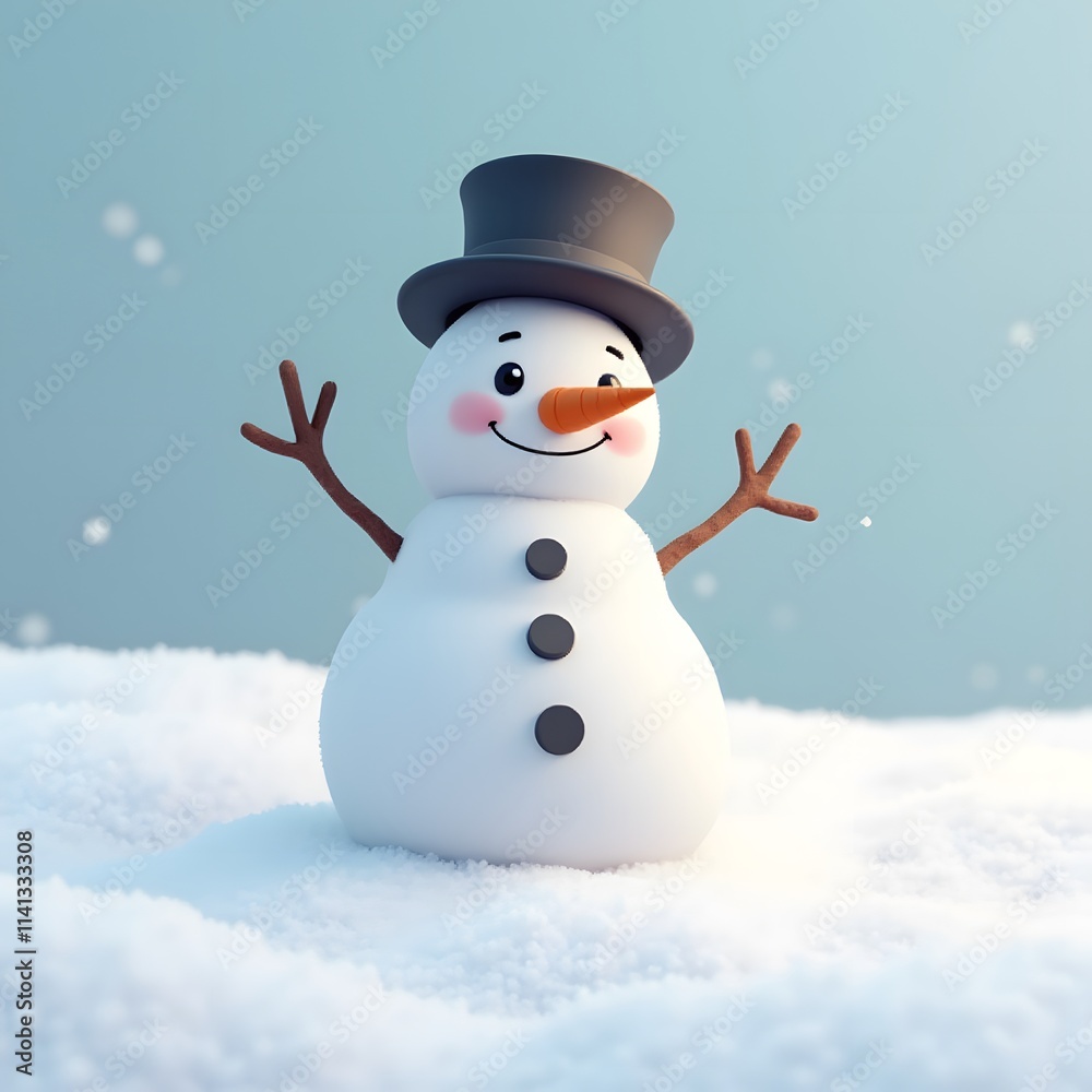 Happy Snowman in Snowy Winter Wonderland Scene Happy Snowman in Snowy Winter Wonderland Scene