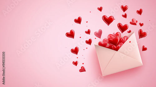 Vector illustration of an open envelope with red hearts coming out of it, pink background with copy space, happy valentine, love letters or postcards, White paper envelope in 3d style with floating 