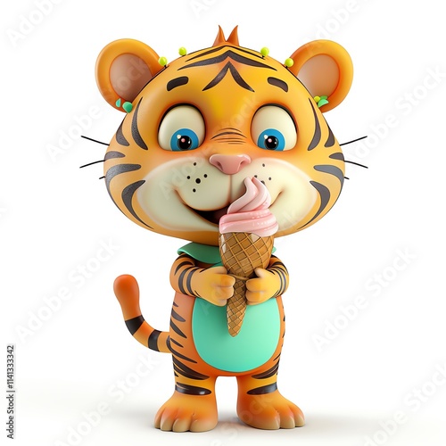 Charming 3D tiger clipart holding ice cream, isolated white backdrop, bright and colorful, cartoon style, friendly face, detailed features, centered