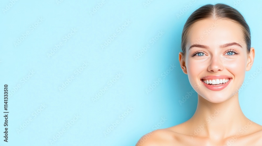 Smiling woman with clear skin against a light blue background. Smiling woman with clear skin against a light blue background.