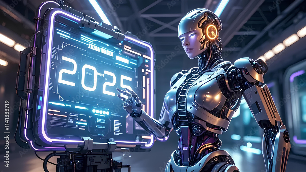 Fototapeta premium 2025 3d text effect futuristic technology robotic cyborg