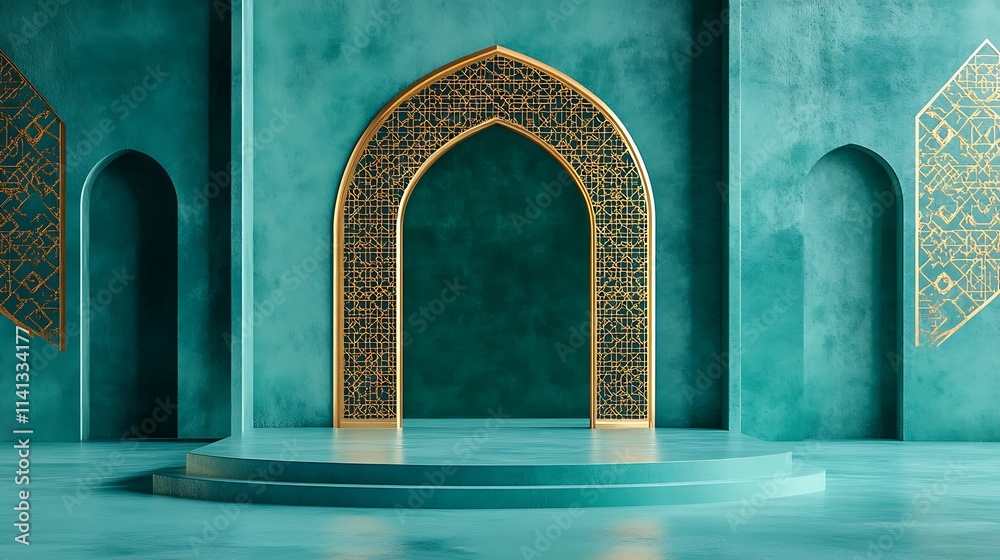 Fototapeta premium Teal Room with Gold Archway and Platform