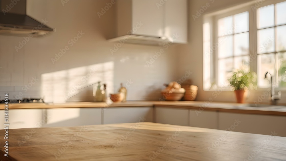 Empty wooden table in a bright white kitchen with blurred bokeh sunshine background and warm interior lighting Empty wooden table in a bright white kitchen with blurred bokeh sunshine background and warm interior lighting