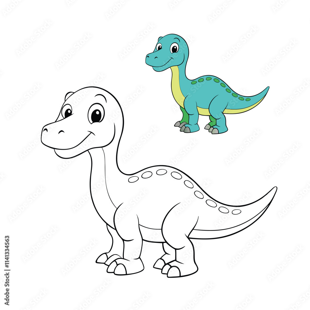 Fototapeta premium A fun dinosaur coloring page featuring a playful dinosaur surrounded by plants and rocks, perfect for sparking creativity and imagination in kids of all ages.