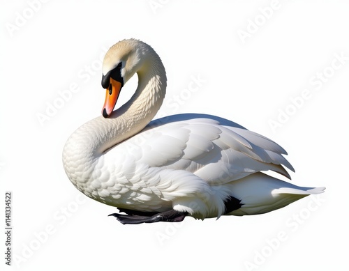 Fototapeta Naklejka Na Ścianę i Meble -  A serene white swan stands proudly, its gentle face turned left against a pure white backdrop, its slender neck curved elegantly to the right