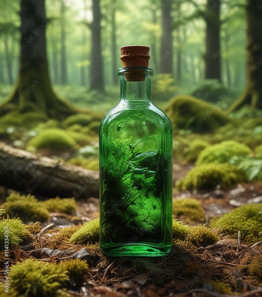 Moss covered forest floor with a single bottle green glass bottle, outdoor, natural elements, forest floor Moss covered forest floor with a single bottle green glass bottle, outdoor, natural elements, forest floor