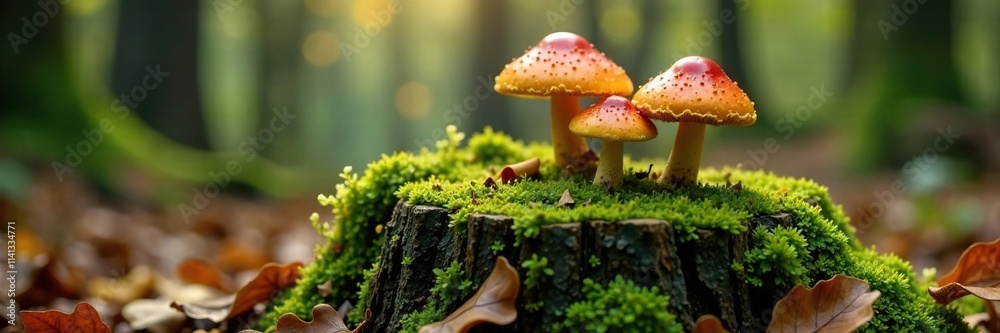 Moss-covered stump with mushrooms and caps growing in autumn forest, mushroom caps, moss, forest Moss-covered stump with mushrooms and caps growing in autumn forest, mushroom caps, moss, forest