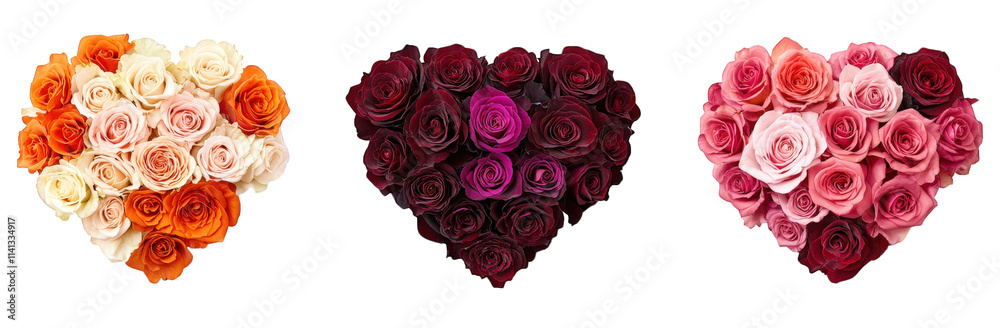 three heart-shaped bouquets of roses in different colors the bouquets are arranged in a row from left to right orange and white. burgundy and purple. and pink and red the flowers are arranged in a hea three heart-shaped bouquets of roses in different colors the bouquets are arranged in a row from left to right orange and white. burgundy and purple. and pink and red the flowers are arranged in a hea