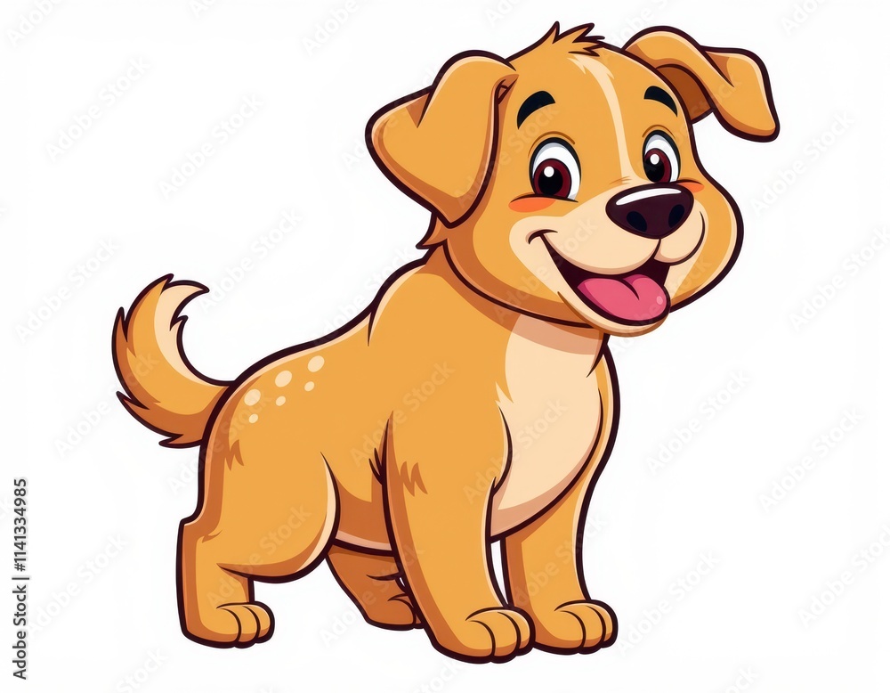 Fototapeta premium A joyful, smiling puppy gazes directly at you with its head turned right. Its fluffy tail wags from the left, adorned with playful white spots