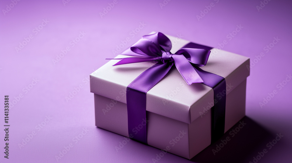 Medium lilac gift box tied with purple ribbon, birthday gift with love, happy celebration, purple studio background Medium lilac gift box tied with purple ribbon, birthday gift with love, happy celebration, purple studio background
