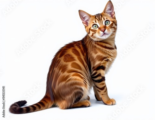 A majestic Bengal cat sits regally on a pristine white backdrop, its piercing gaze directed rightward as its sinuous tail curves elegantly leftward amidst a rich brown and black striped coat