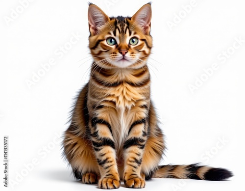 Adorable Bengal kitten perches on crisp white, radiating warmth with soft brown fur as it poses playfully, front paws splayed wide