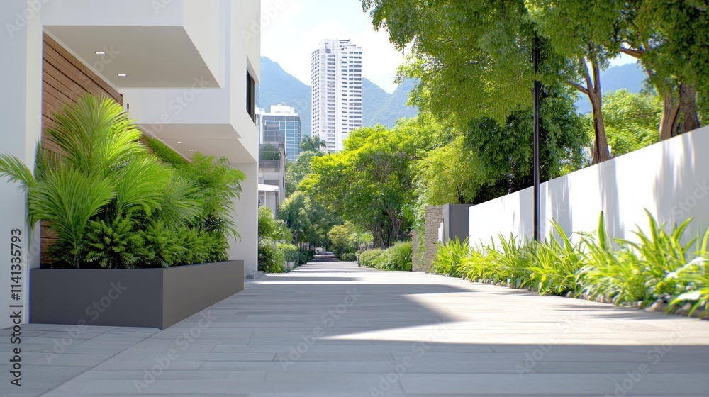 A serene pathway lined with greenery and modern architecture. A serene pathway lined with greenery and modern architecture.