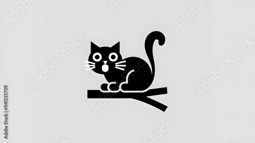 A stylized black cat sitting on a branch, featuring large eyes and a playful expression. The design is simple and cartoonish, ideal for children's themes or pet-related content. photo