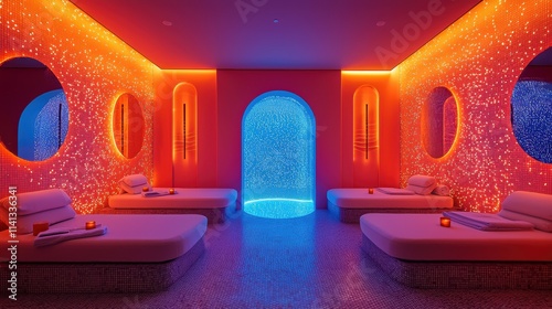 A peaceful, modern spa where ambient lighting and temperature automatically adjust to match relaxation levels based on sensors reading guests' heartbeat, breathing,  photo