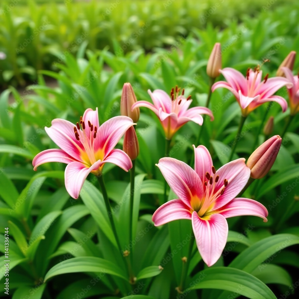 Pink lily flowers in a lush green garden or meadow, vegetation, botanical, landscape Pink lily flowers in a lush green garden or meadow, vegetation, botanical, landscape